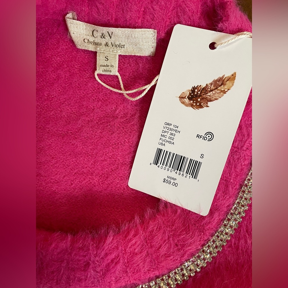 C&V Chelsea & Violet
Fuzzy Rhinestone Neckline Sweater Color Fuchsia-Size S NWT - Picture 6 of 10